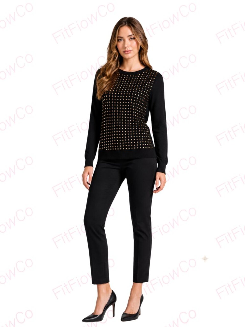 Express Black Gold Studded Crewneck Sweater Women M Cotton Nylon